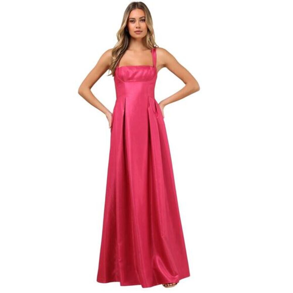 Lulus Immaculate Aura Shiny Magenta Taffeta Maxi Dress With Pockets size L NWT